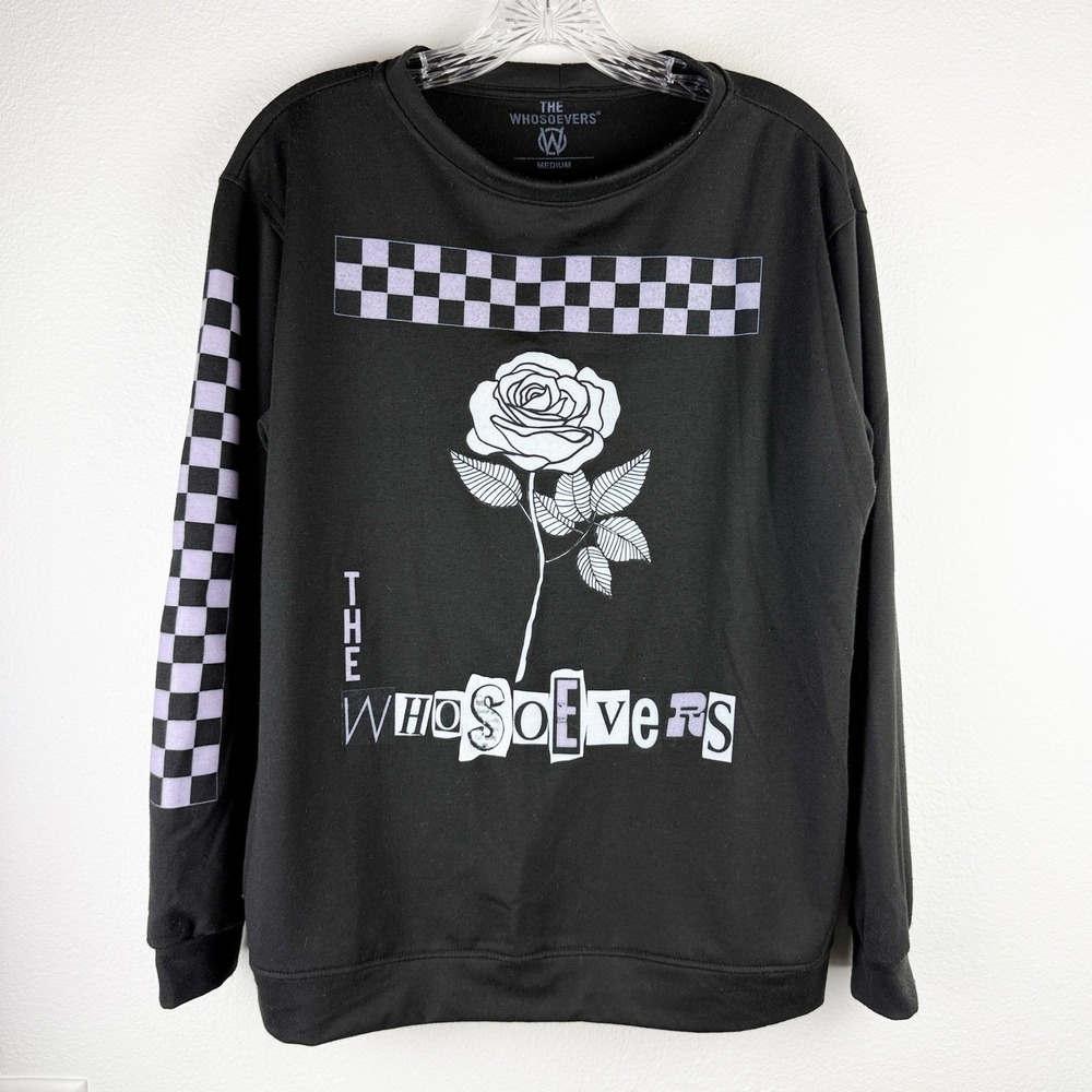 The Whosoevers Black Graphic Sweatshirt Rose Checkered Purple Womens Medium